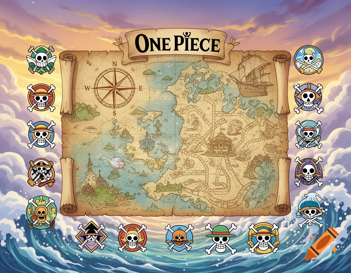 A vibrant, stylized One Piece treasure map with various Jolly Roger flags, set against a sky of clouds and ocean waves.