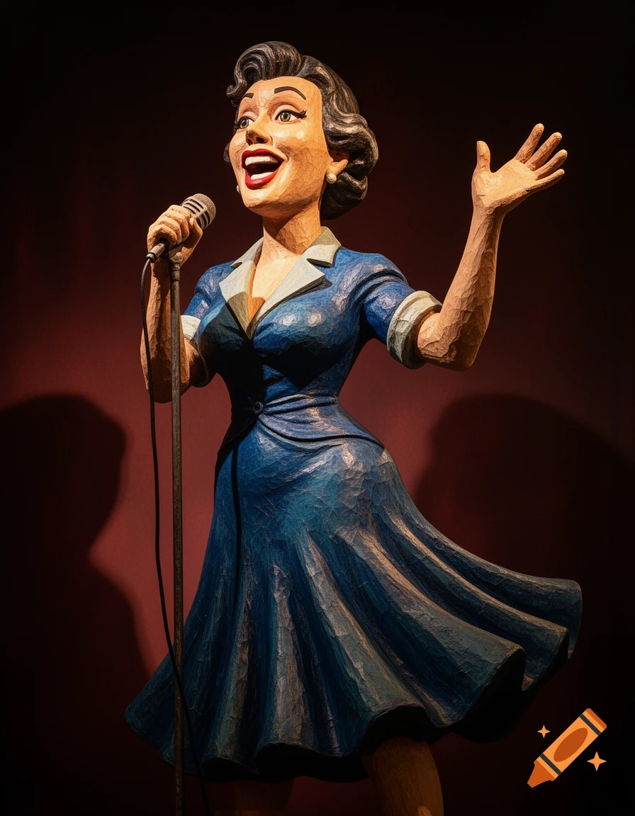 A colorful, stylized paper mache statue of a smiling woman in a blue dress singing into a microphone, with one hand raised.