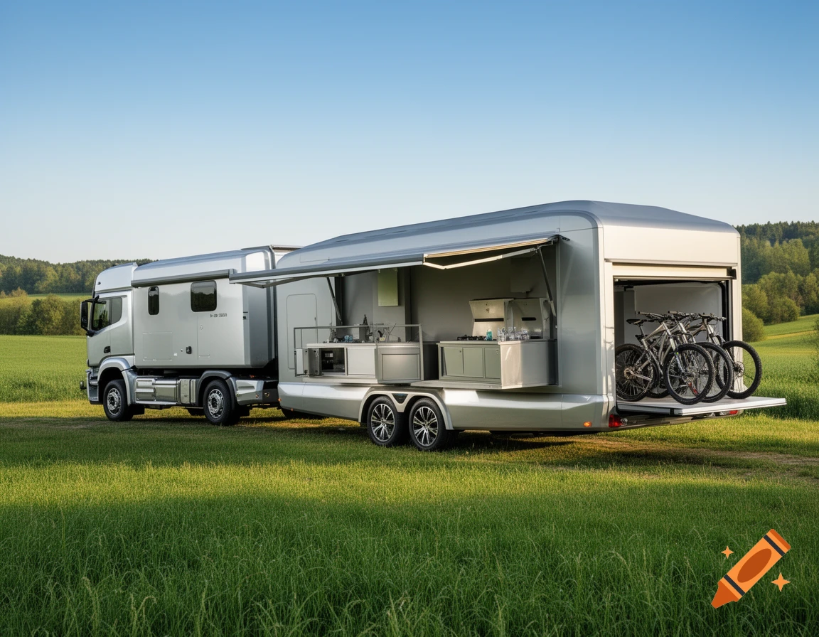 A silver camper truck and an attached trailer with an open outdoor kitchen and bikes in the rear garage, parked in a green field under a clear sky.