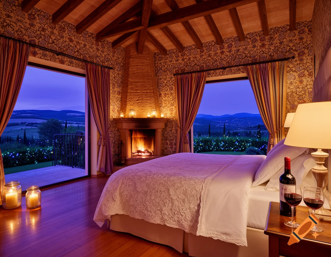 A cozy Spanish manor bedroom at twilight, with a burning fireplace, open-beam ceiling, patterned walls, large windows overlooking a twinkling countryside, and wine on a nightstand.