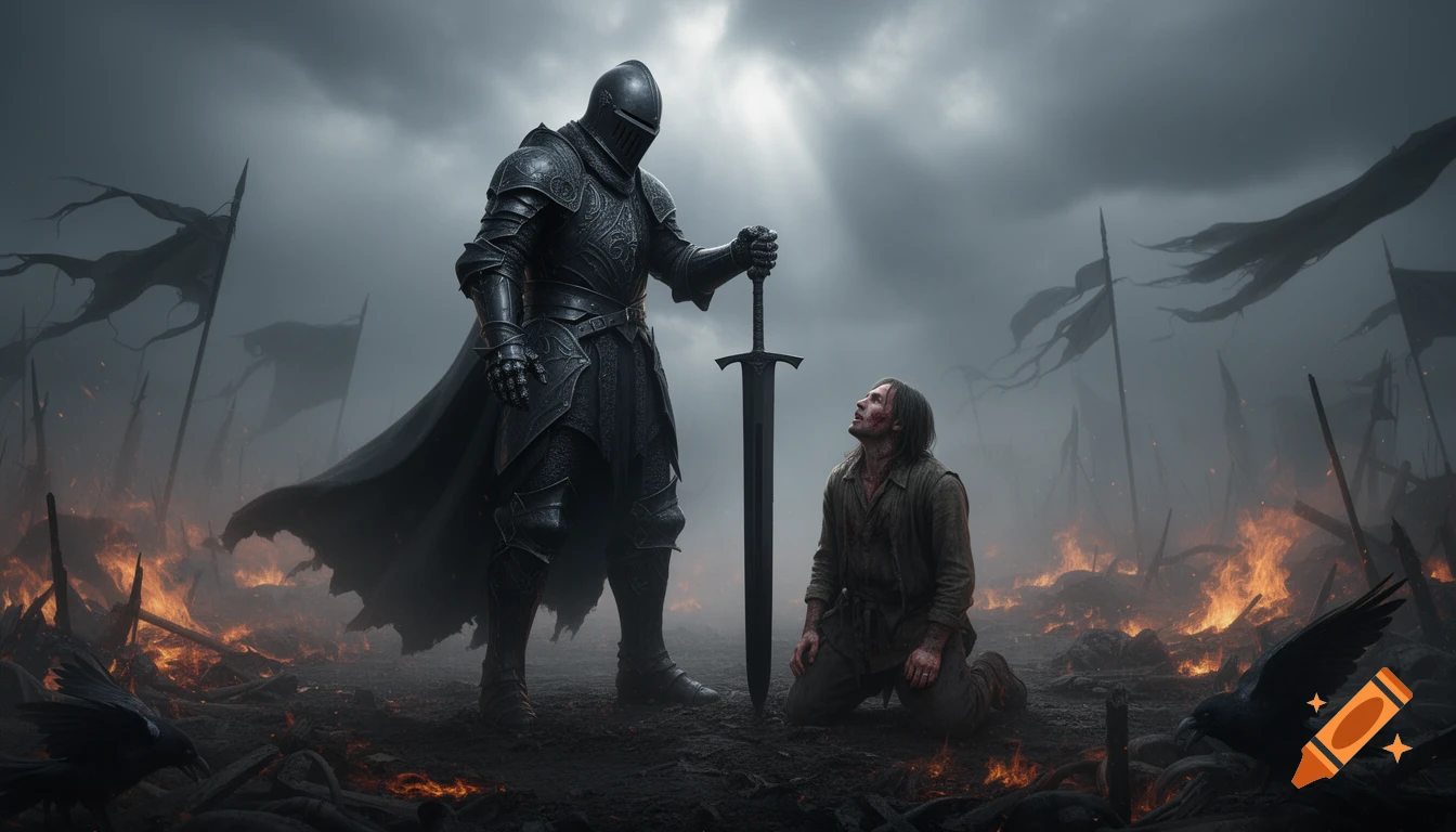 A colossal dark knight with a sword stands over a kneeling soldier on a burning, misty battlefield with torn banners, in a dark fantasy style.