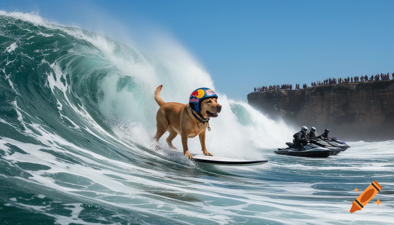 A photorealistic image of a golden retriever wearing a Red Bull helmet surfing a large ocean wave, with jet skis and spectators on cliffs in the background.