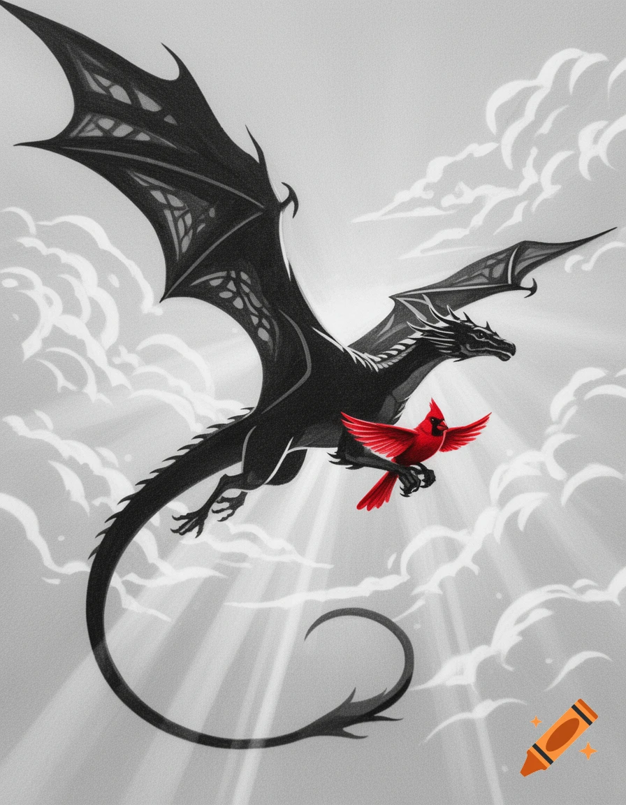 Stencil drawing of a black dragon flying through clouds, holding a bright red cardinal in its claw.
