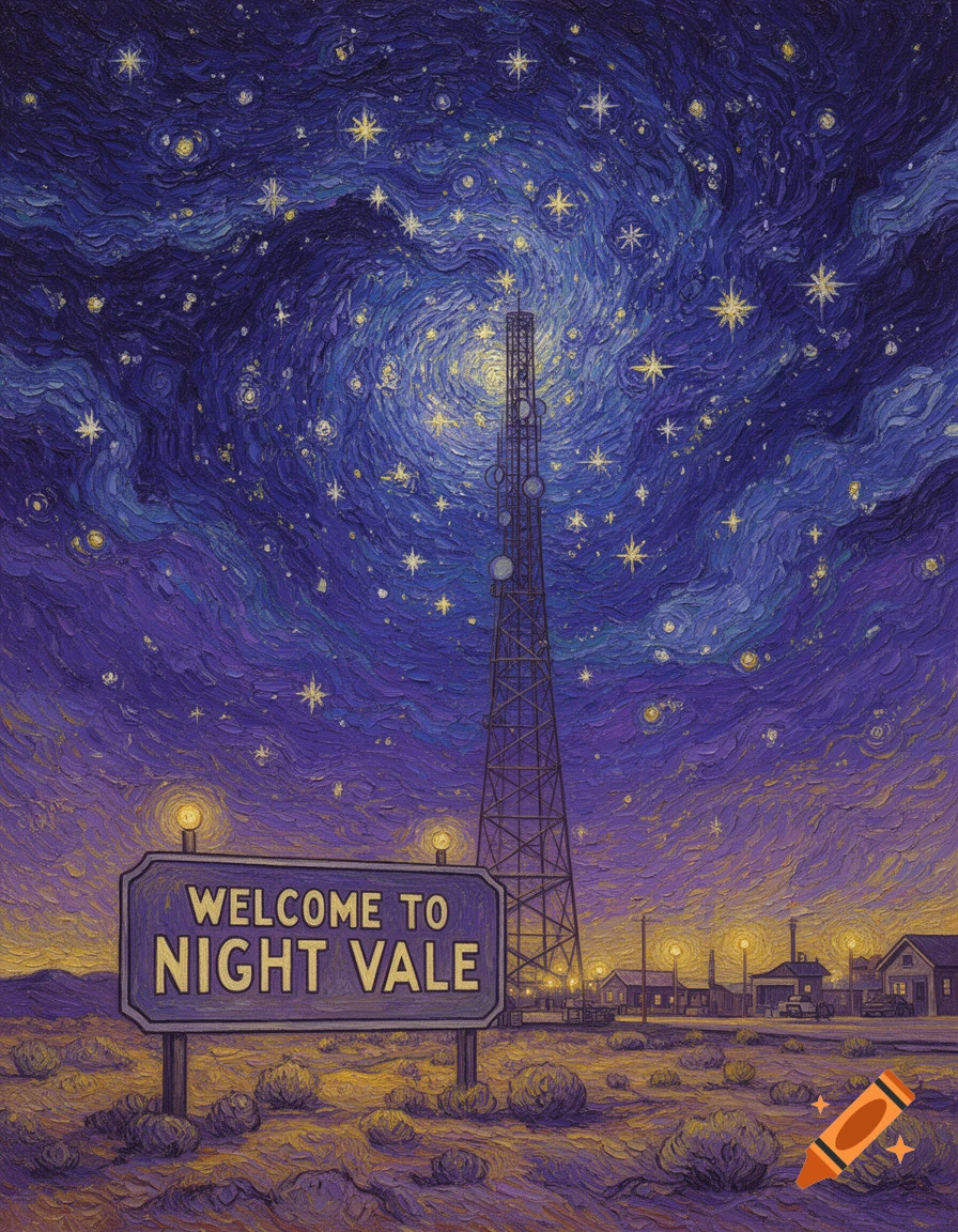 A Van Gogh-style painting of a "Welcome to Night Vale" sign in a desert at night, with a radio tower under a swirling starry sky.