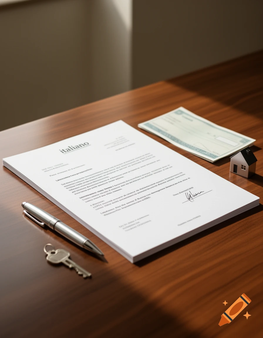 An ultra-realistic professional photograph of an Italian real estate purchase proposal document on an elegant wooden desk, with a pen, key, and miniature house model next to a blurred bank cheque. Natural daylight illuminates the scene.