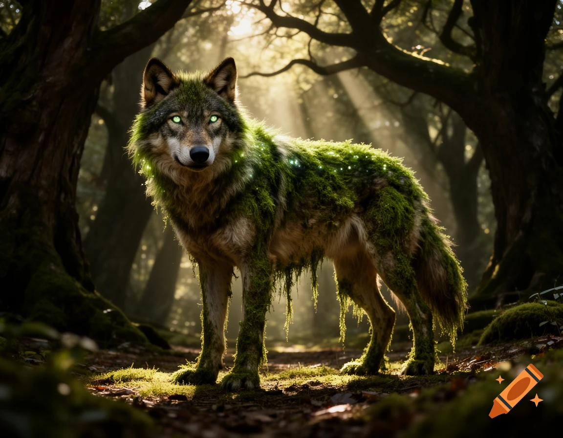A majestic moss-covered wolf with glowing green eyes stands in a sun-dappled forest.