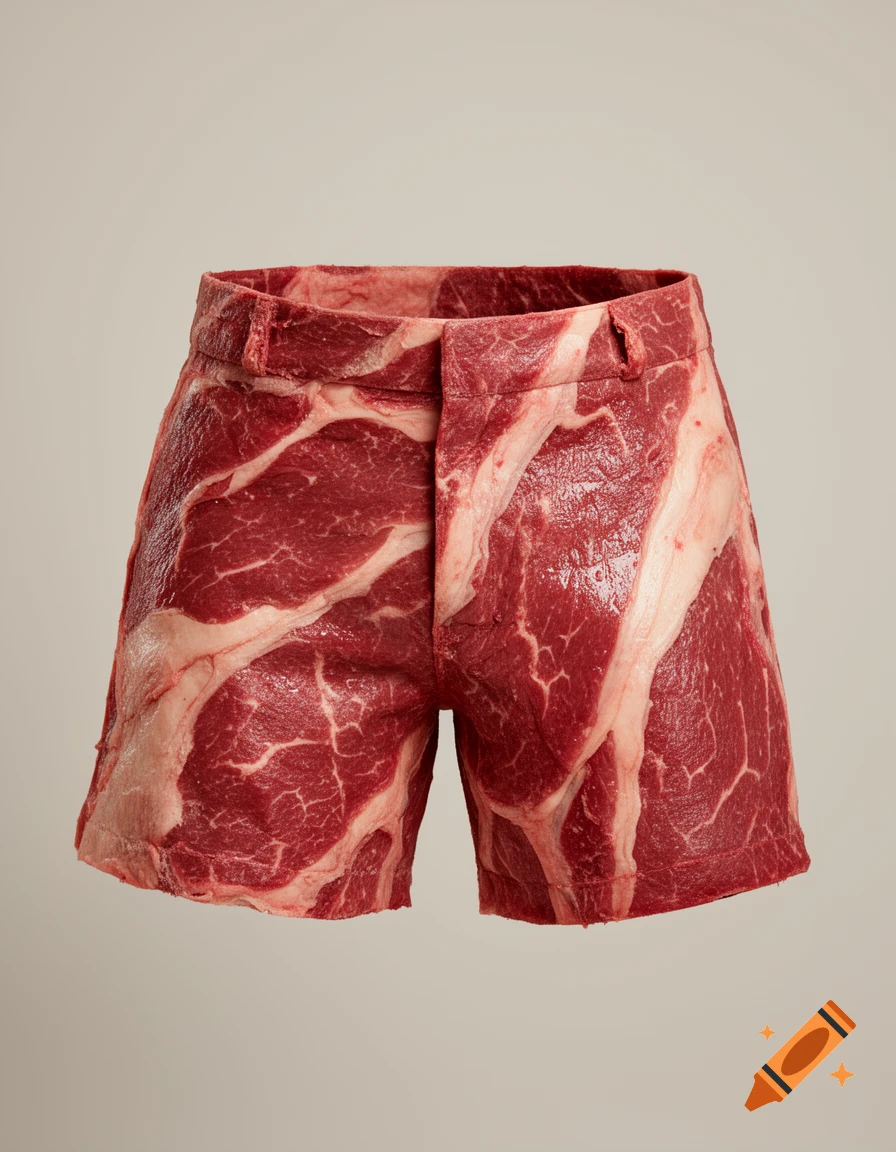 A pair of shorts made from raw steak, rendered photorealistically on a plain background.