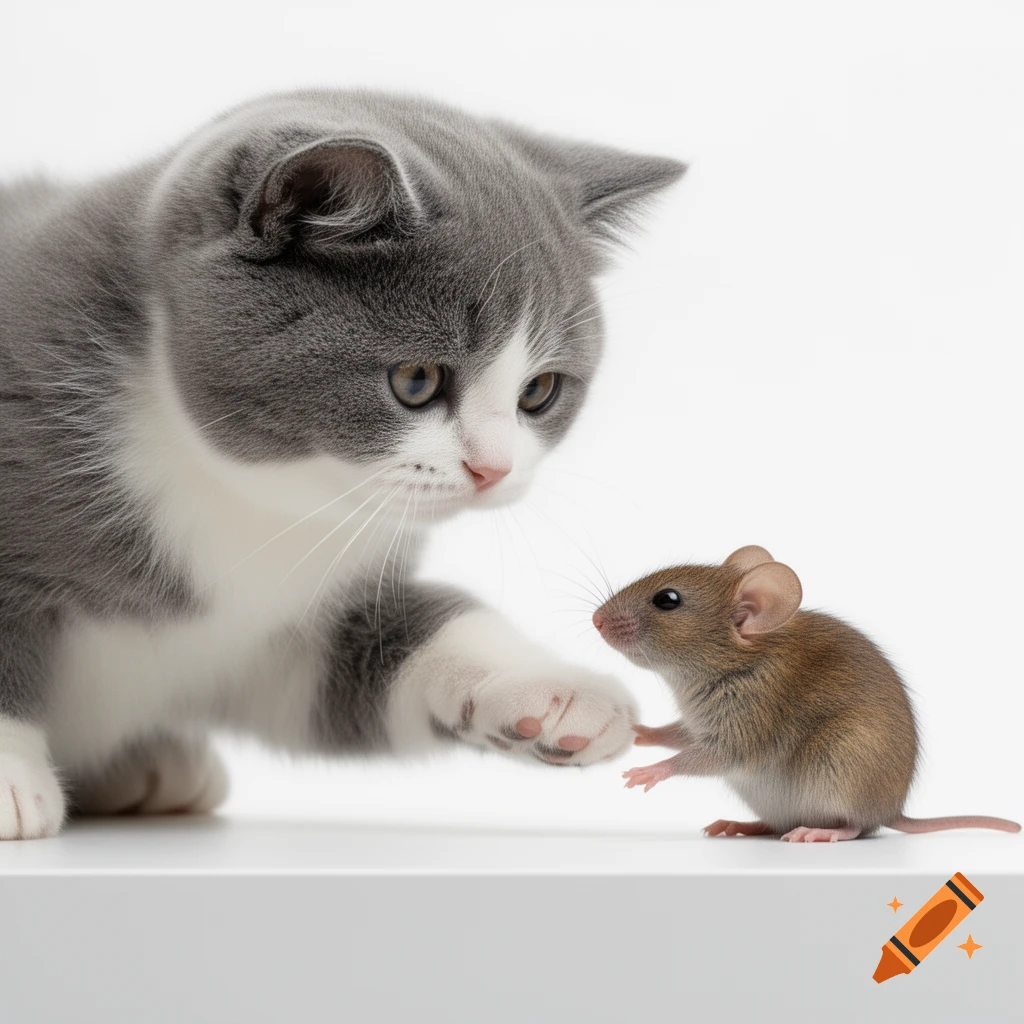 A grey and white kitten extends a paw towards a brown mouse, both on a white surface, photorealistic.