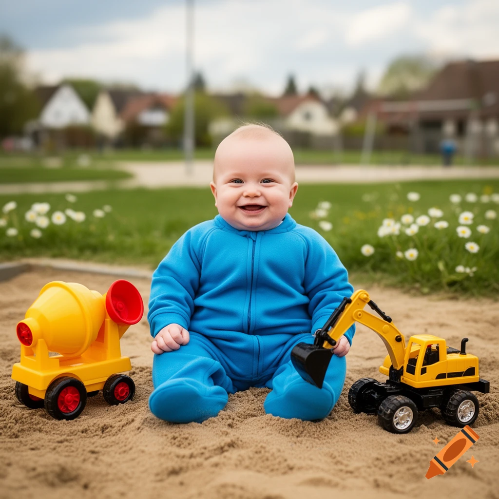 A smiling baby in a blue jumpsuit sits in a sandbox with a yellow toy cement mixer and excavator.