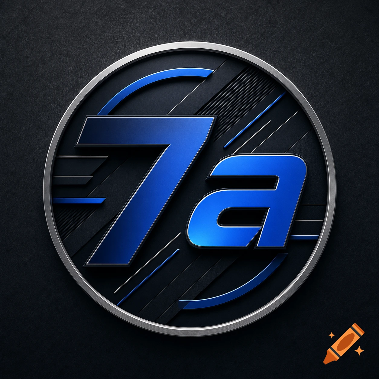 Modern metallic blue and black 7a logo in a silver ring on a dark textured background.