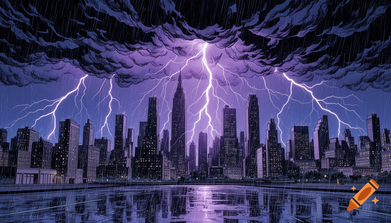 A modern comic art illustration of a city skyline at night during a violent purple thunderstorm with lightning and rain, reflected on a wet surface.