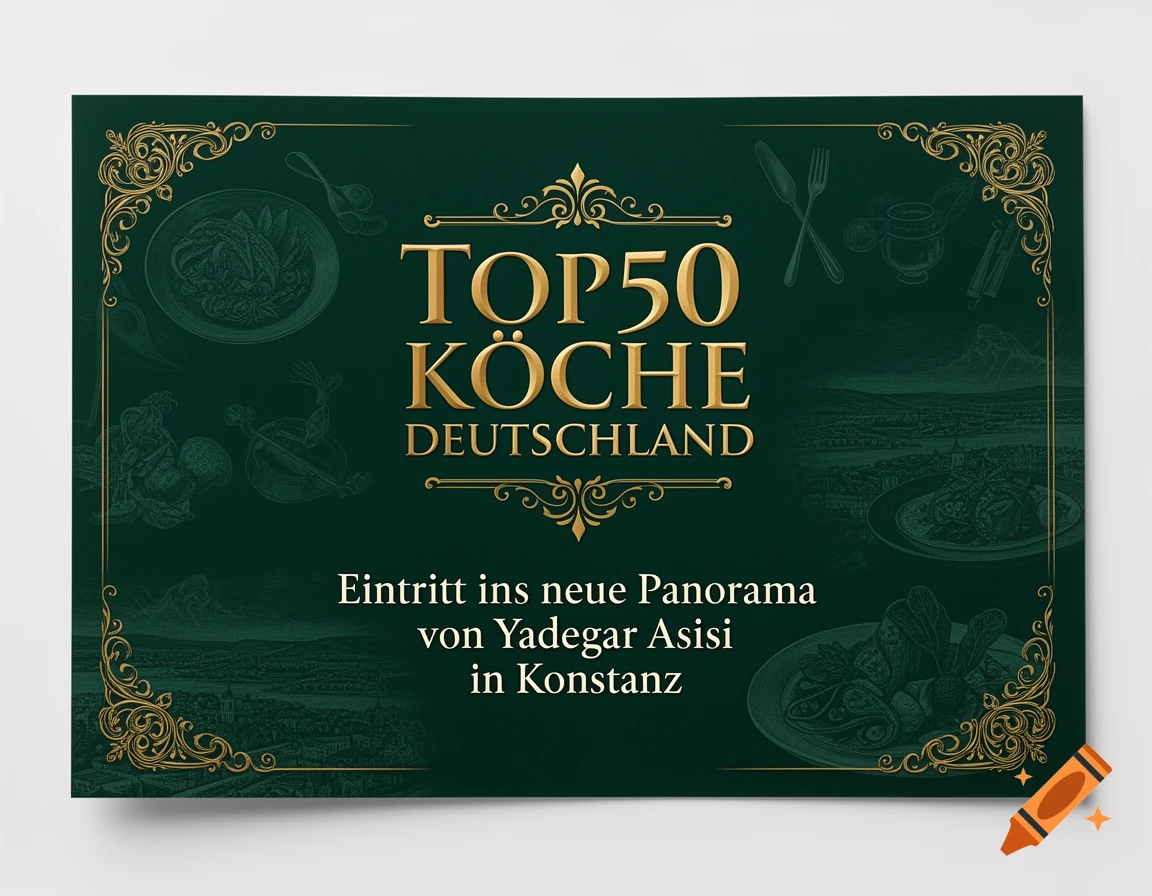 Dark green certificate with gold ornate border and text for 'TOP50 K che Deutschland' and 'Yadegar Asisi Panorama in Konstanz', featuring subtle food and cityscape illustrations.
