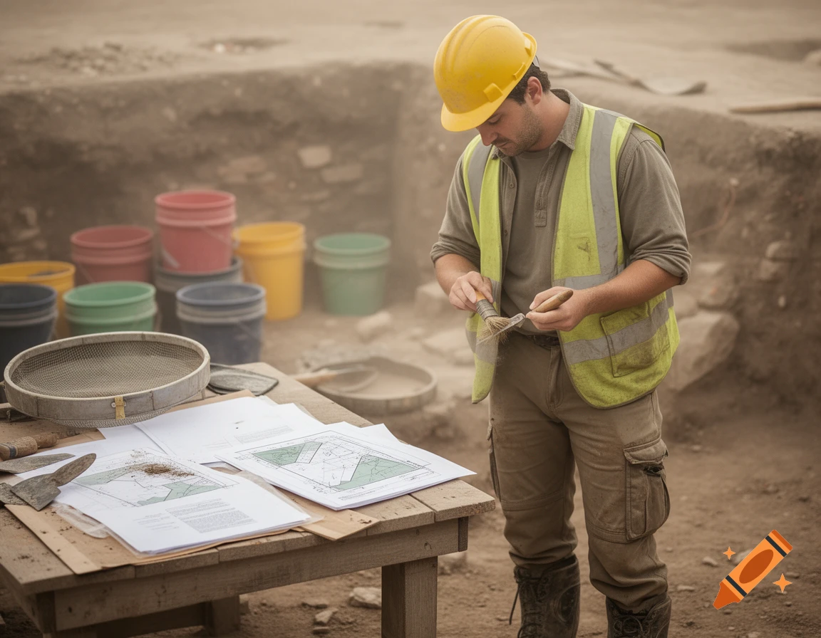 An archaeologist in a yellow hard hat and safety vest brushes dirt off an artifact at a dusty dig site with documents, sieves, and colorful buckets on a table.