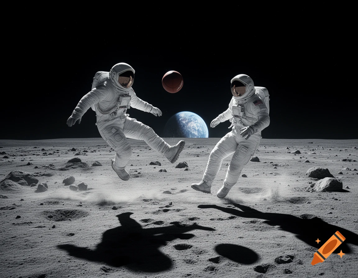 Two astronauts play soccer on the moon's surface under a dark sky with Earth visible in the distance.