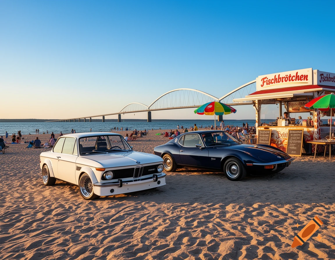 A white BMW 2002 Turbo and a blue Opel GT classic car on a sandy beach next to a 'Fischbrötchen' stand, with a bridge in the background at sunset.