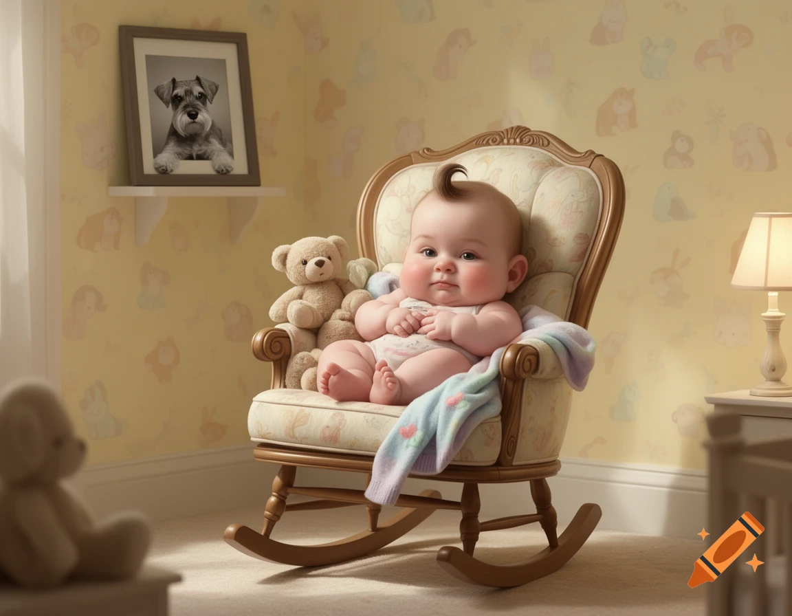 A chubby baby with a small tuft of hair sitting in a vintage rocking chair, surrounded by a teddy bear and pastel blanket, in a nursery.