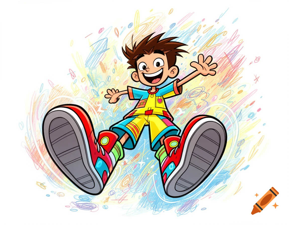 A happy cartoon boy with spiky hair, wearing a colorful outfit and large shoes, jumps energetically amidst colorful scribbles.