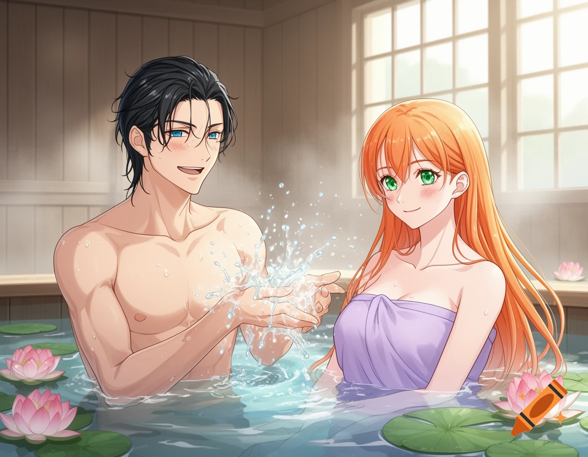 An anime man and woman smiling in a bath with lotus flowers, the man splashing water.