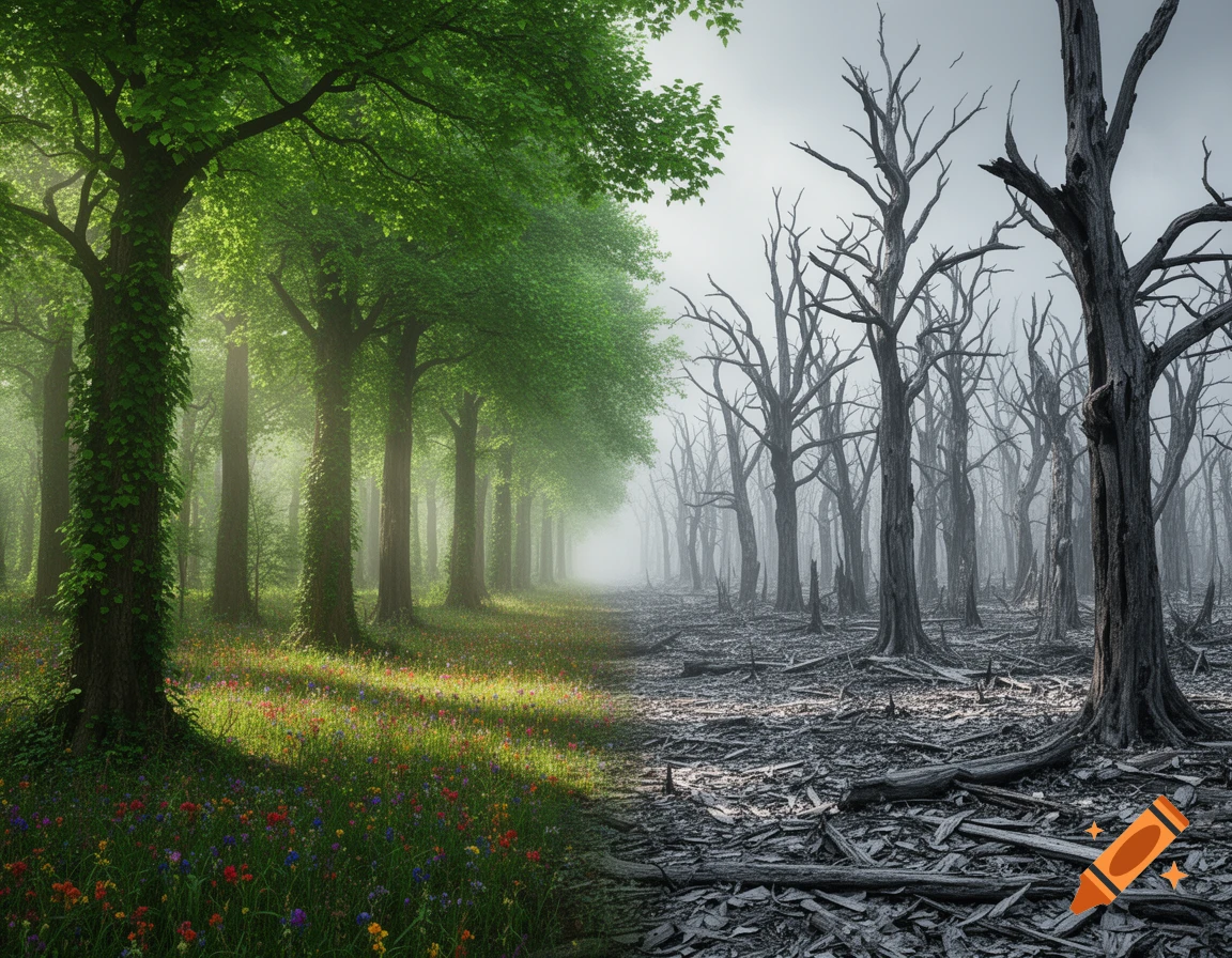 A photorealistic fantasy forest split down the middle, with lush green trees and flowers on the left, and dead, barren trees on the right.