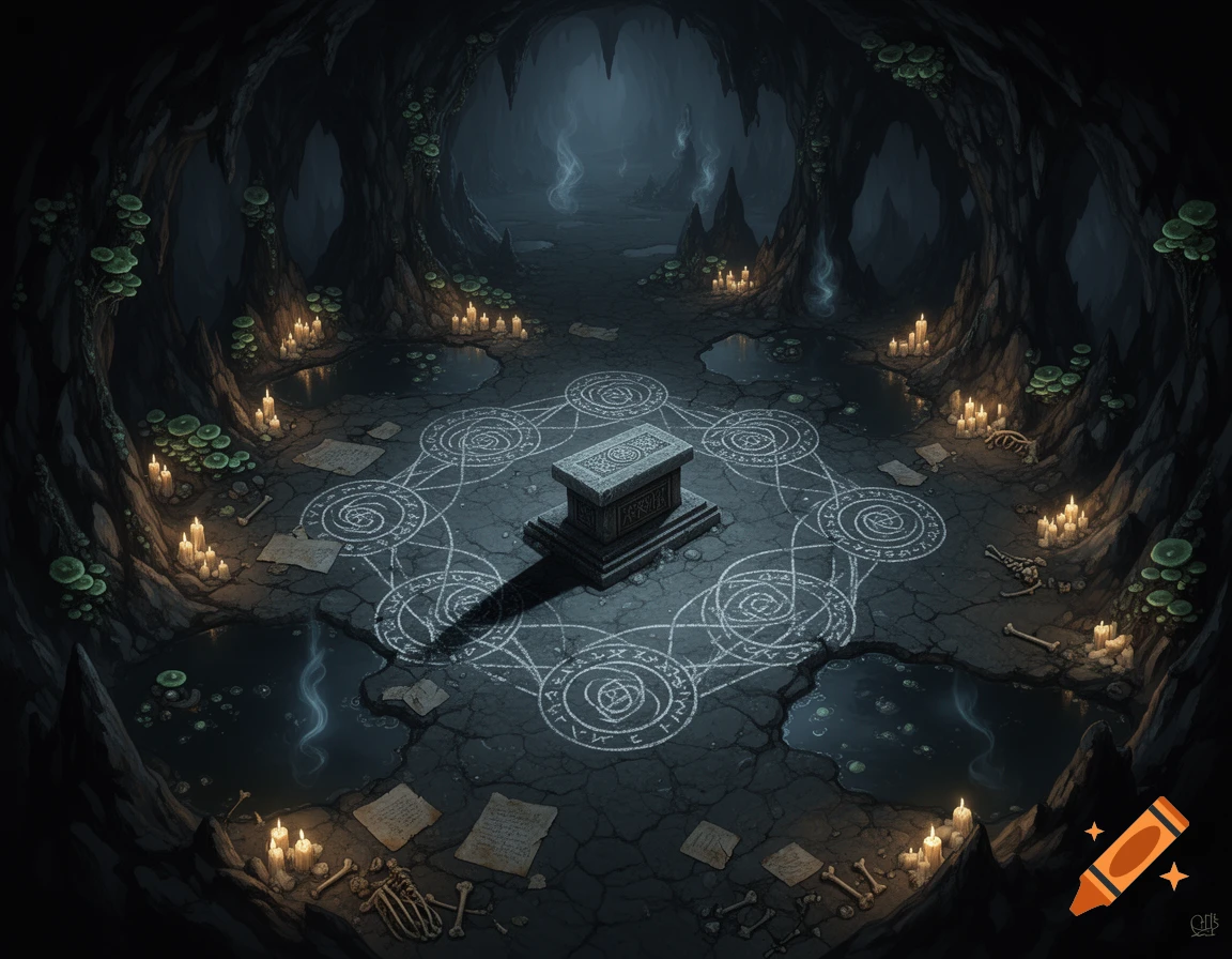 A top-down DND battle map of a dark necromancer's cave with a central altar, glowing arcane symbols, lit candles, bones, and papers.
