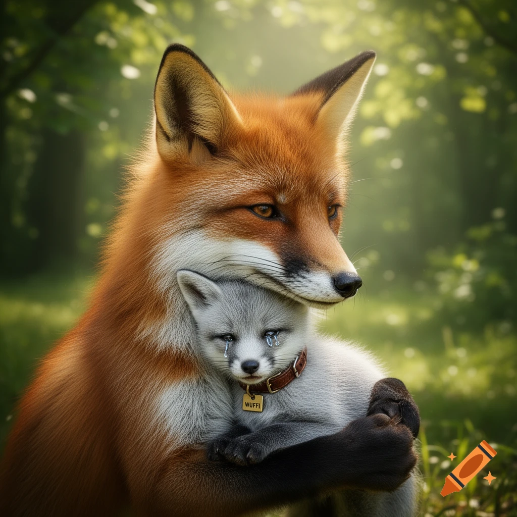 A photorealistic image of a large red fox embracing a small, crying gray fox with a 'WUFFI' tag in a forest.