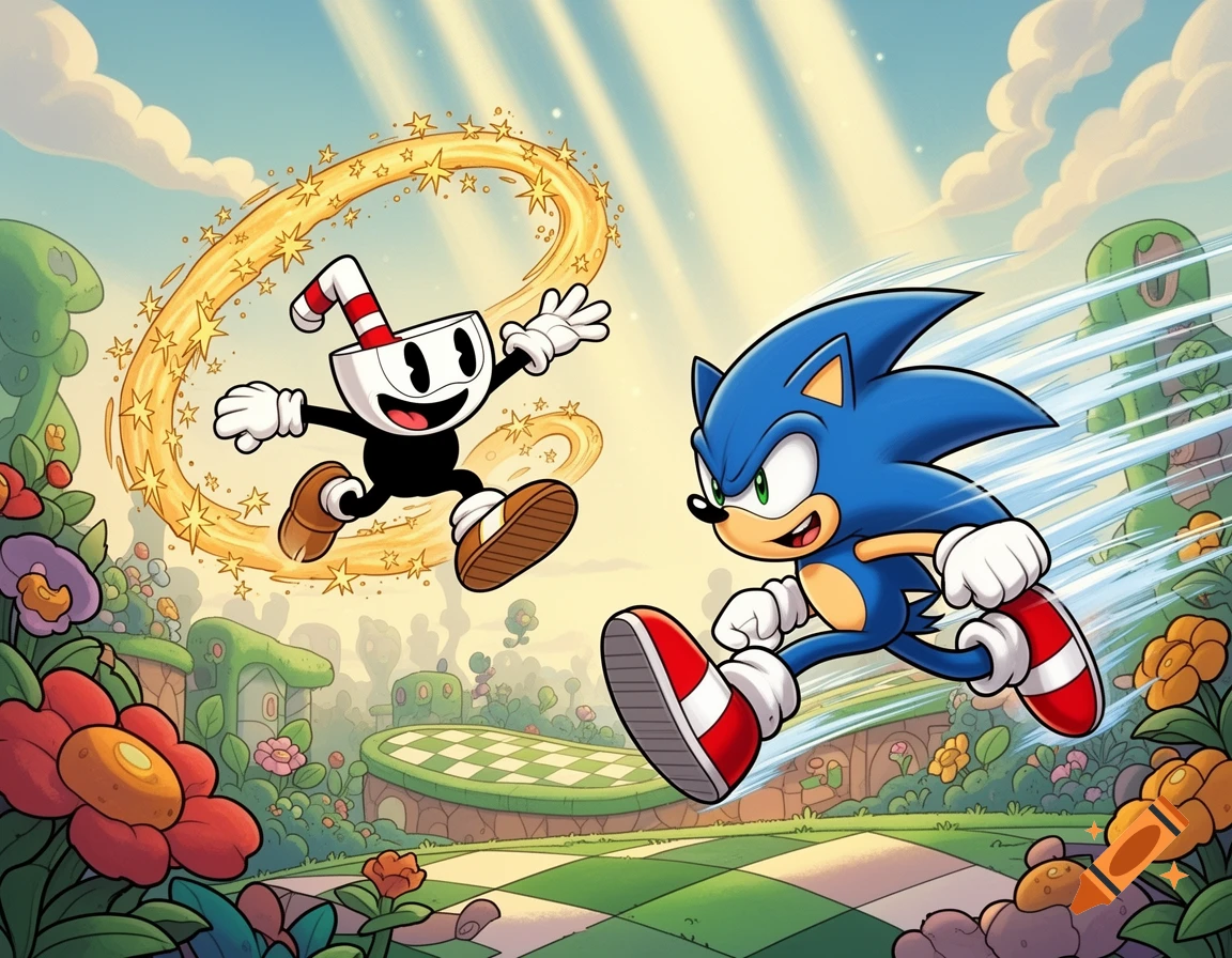 Cuphead leaps with a star ring while Sonic the Hedgehog runs swiftly through a vibrant, cartoon-style landscape with checkerboard paths and whimsical plants.