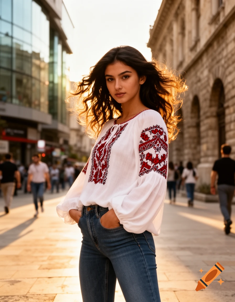 A young woman in a white embroidered blouse and jeans poses on a sunny urban street, her dark hair windblown.