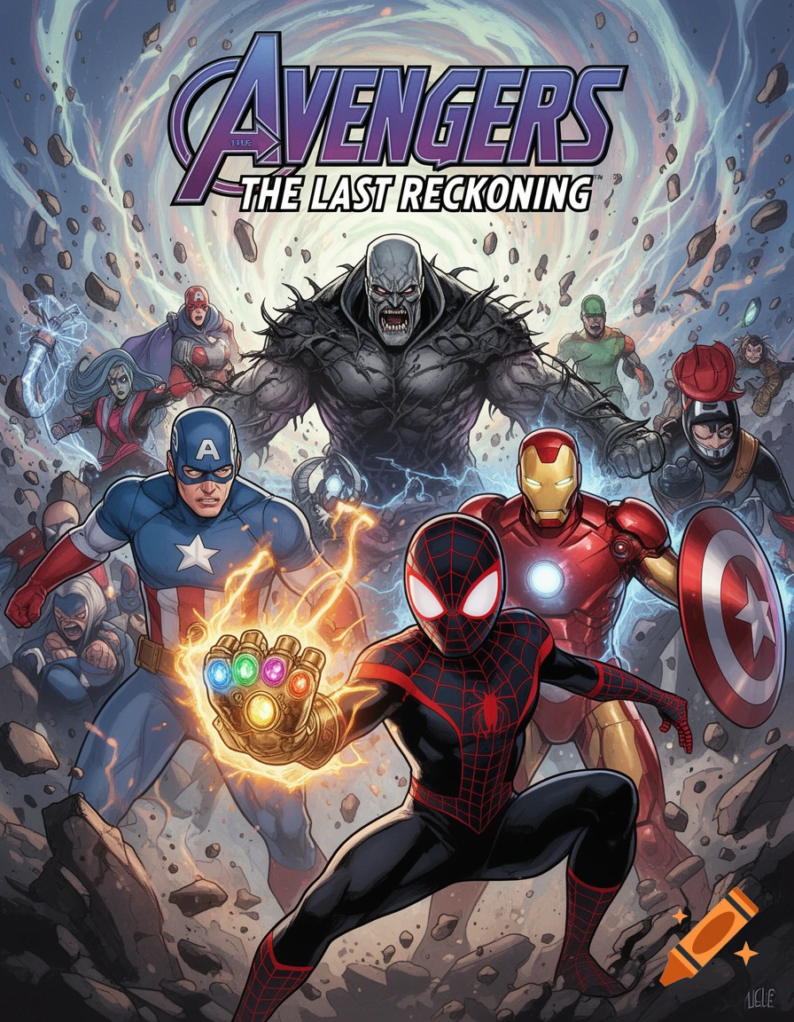 Comic book cover featuring Miles Morales with the Infinity Gauntlet, Captain America, Iron Man, and other superheroes battling a large monster, with the title "AVENGERS THE LAST RECKONING" at the top.