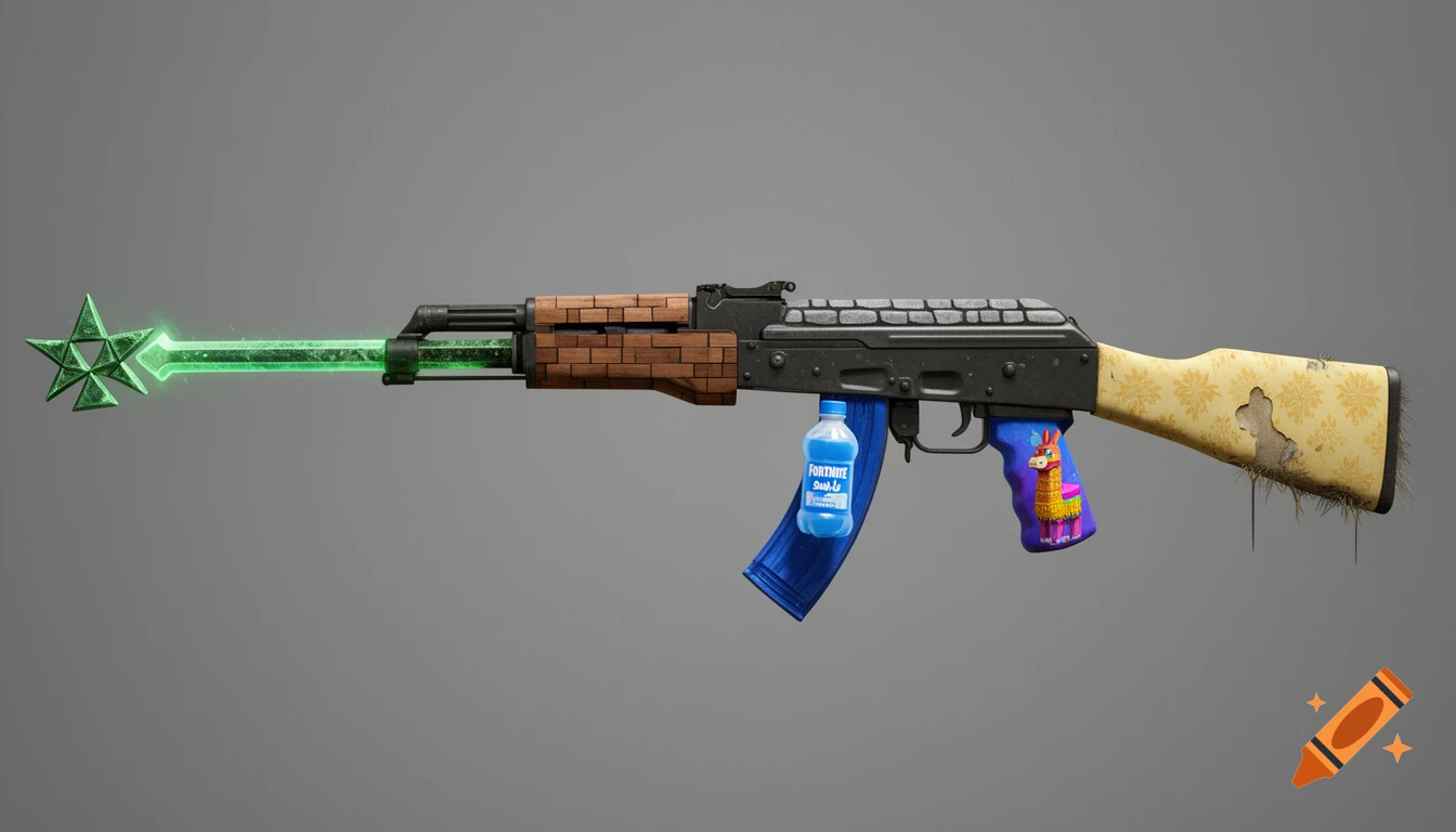 A photorealistic concept art of an AK47 rifle custom-designed with elements from Zelda, Minecraft, Fortnite, and Backrooms, isolated on a grey background.