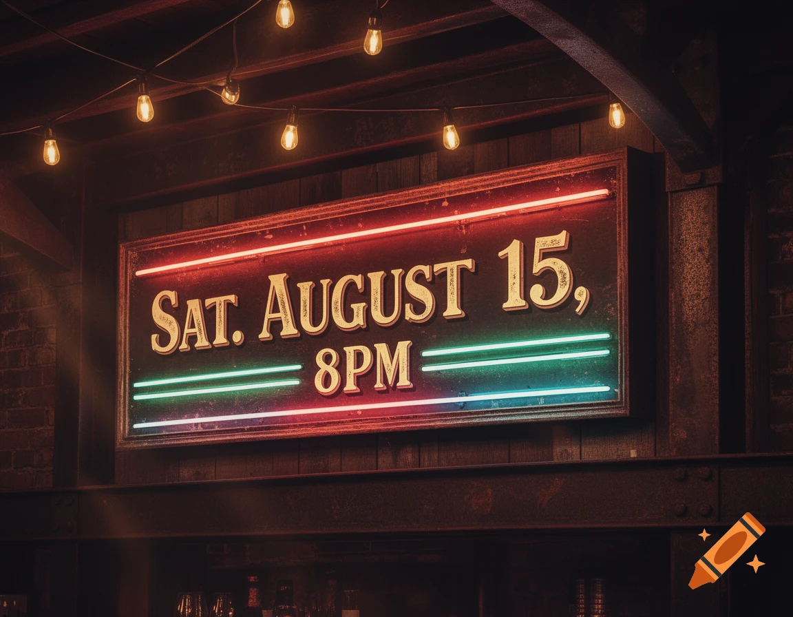 Vintage neon sign displaying 'Sat. August 15, 8PM' with red and green lights, set against a dark brick wall.