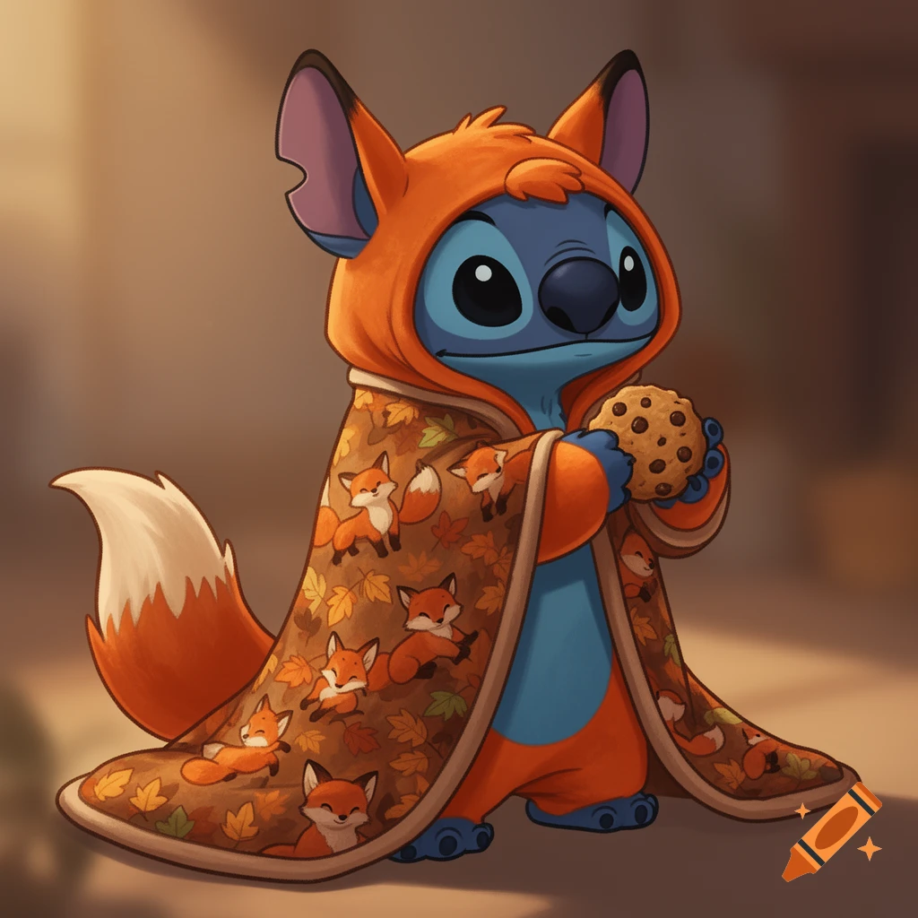 Cartoon Stitch in an orange fox hoodie, wrapped in a fox-patterned blanket, holding a chocolate chip cookie.