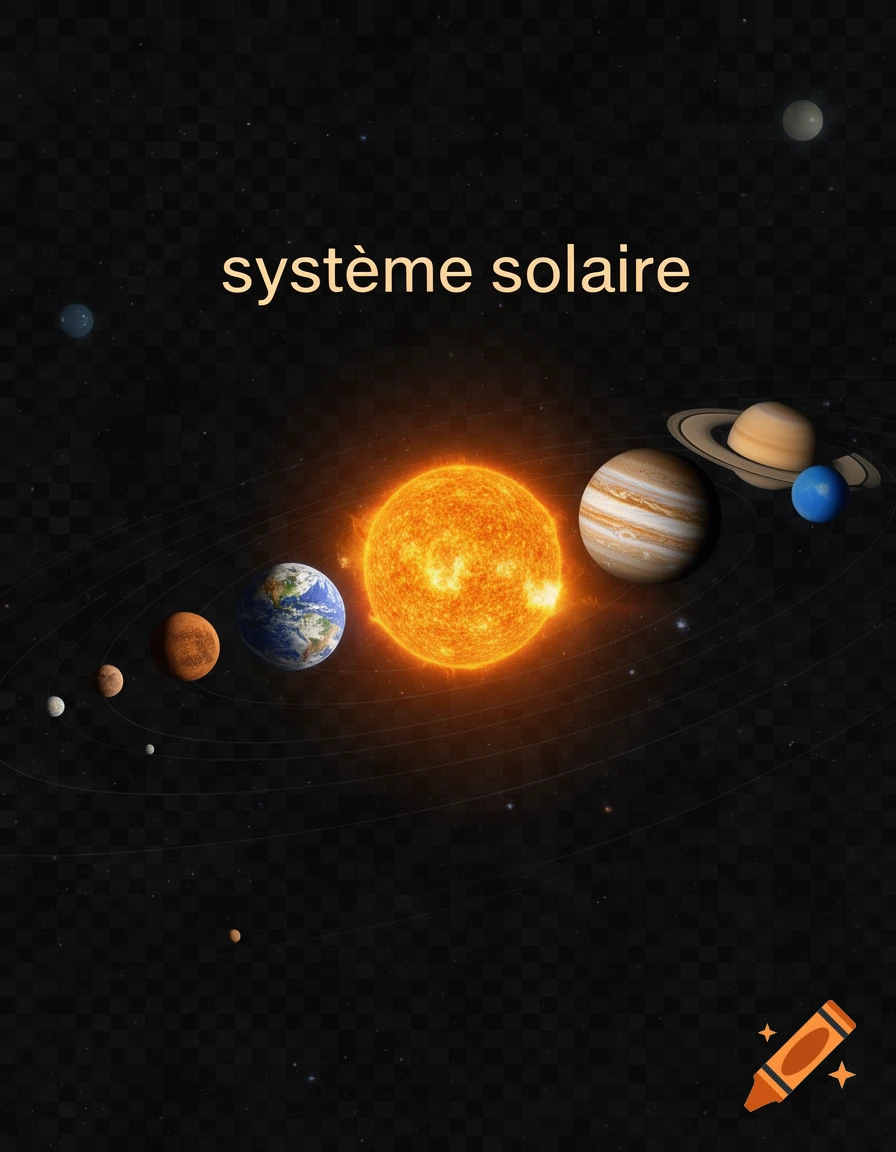 The solar system with the sun and planets orbiting, against a black and white checkered background, with the text "système solaire" at the top.