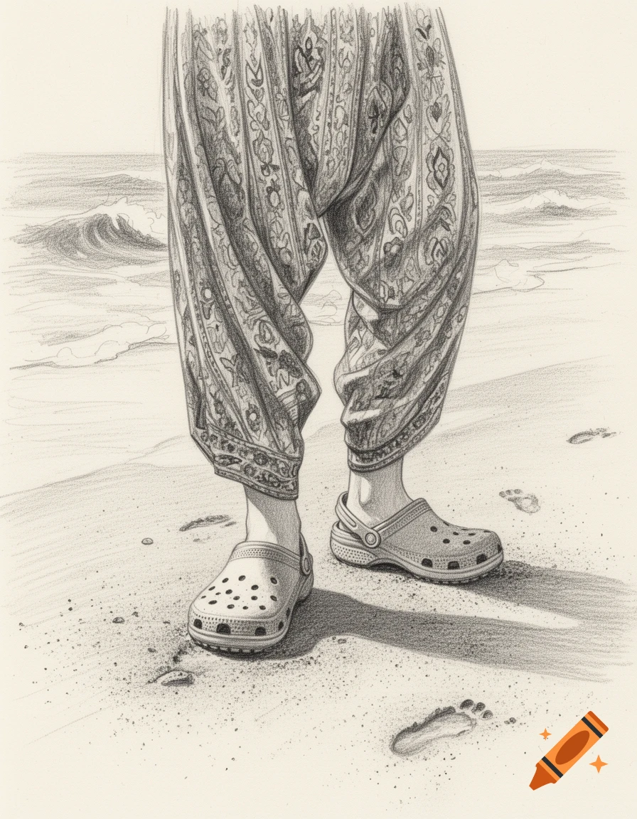 Pencil sketch of lower legs in patterned Afghan trousers and Crocs standing on a sandy beach with ocean waves.