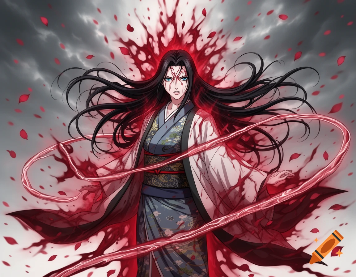Anime woman with long black hair and blue eyes in a kimono, surrounded by red blood-like splashes and falling petals.