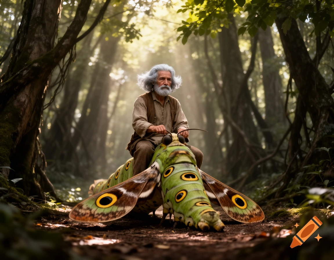 A grey-haired man rides a giant hawk moth caterpillar on a sunlit forest path. Photorealistic.