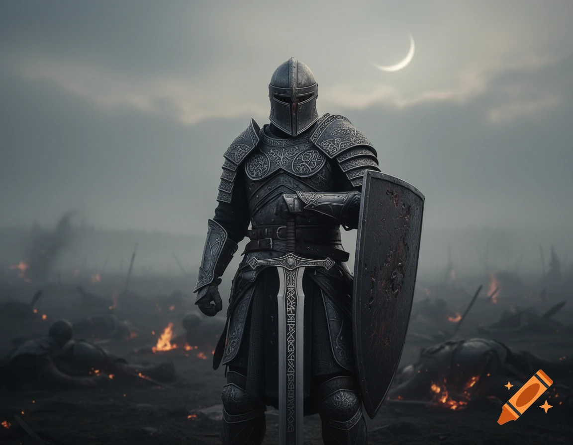 A heavily armored warrior stands in the middle of a smoke-filled battlefield under a crescent moon, holding a sword and shield amidst fallen figures and fires.