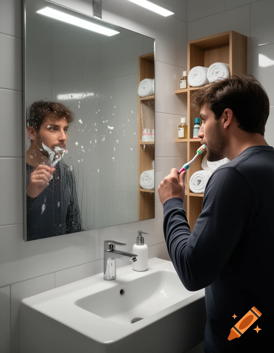A man brushing his teeth in a modern bathroom, looking at his foamy reflection in the mirror.
