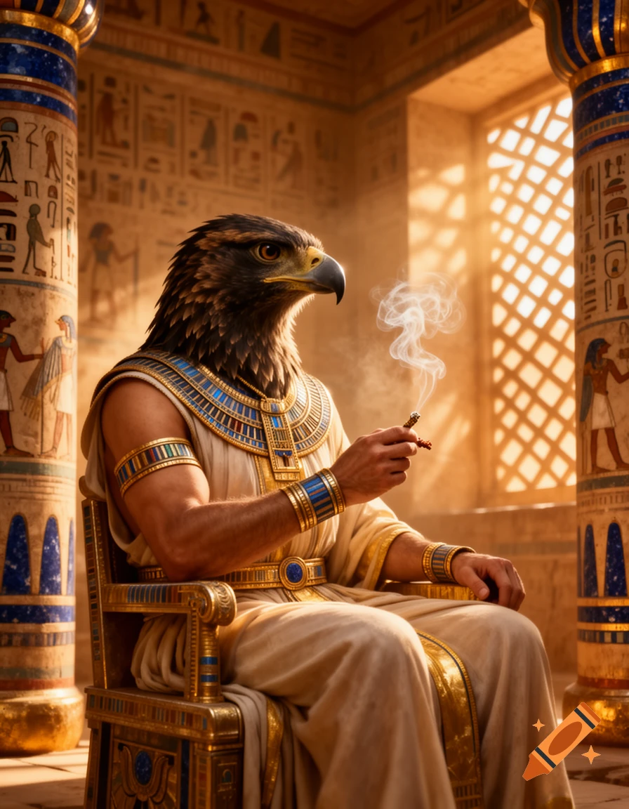 Photorealistic image of the Egyptian god Horus, a falcon-headed man, wearing golden royal attire and seated on a gilded throne, smoking in an ancient temple.