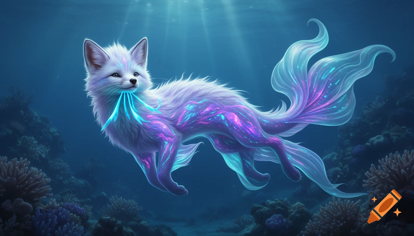 A white and purple bioluminescent fox-like creature with glowing neon fins and tail swims underwater among coral reefs in vibrant fantasy art style.