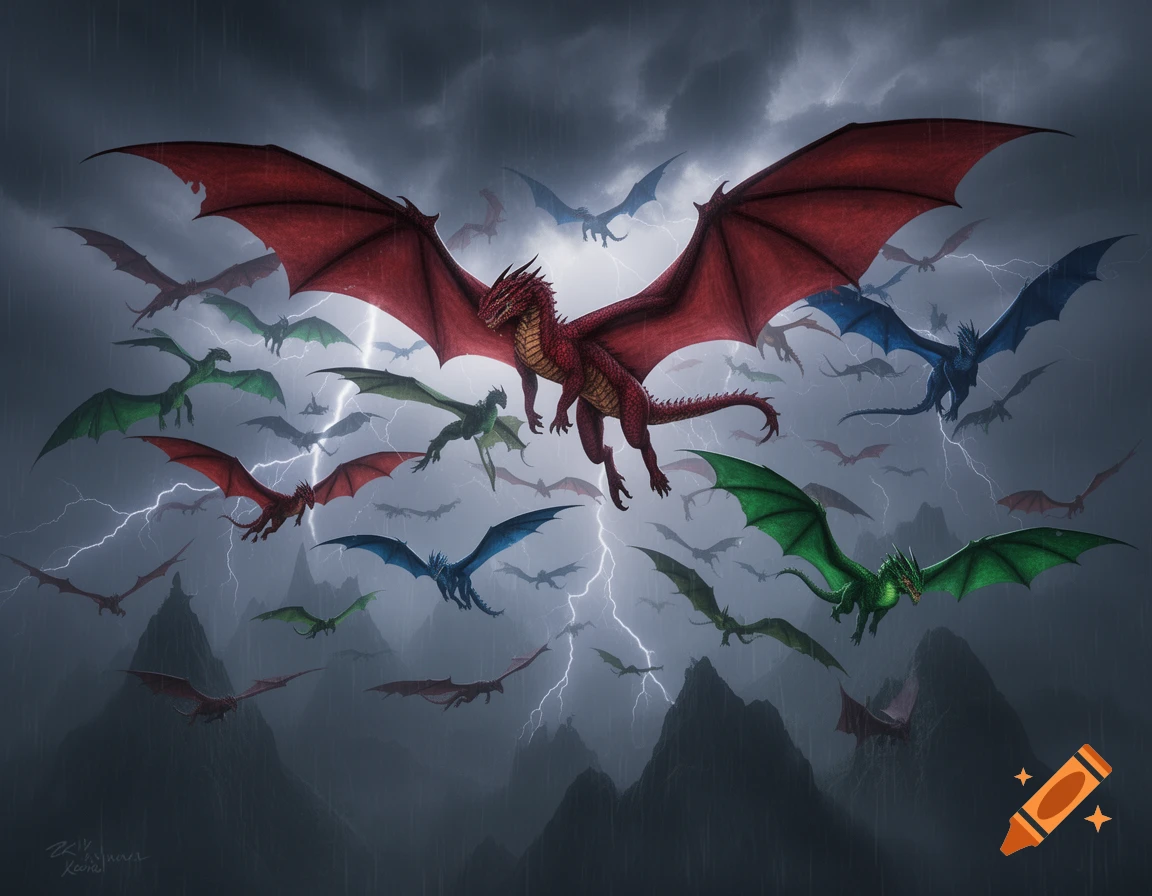 A horde of red, green, and blue dragons flying through a stormy, lightning-filled sky over dark mountains.