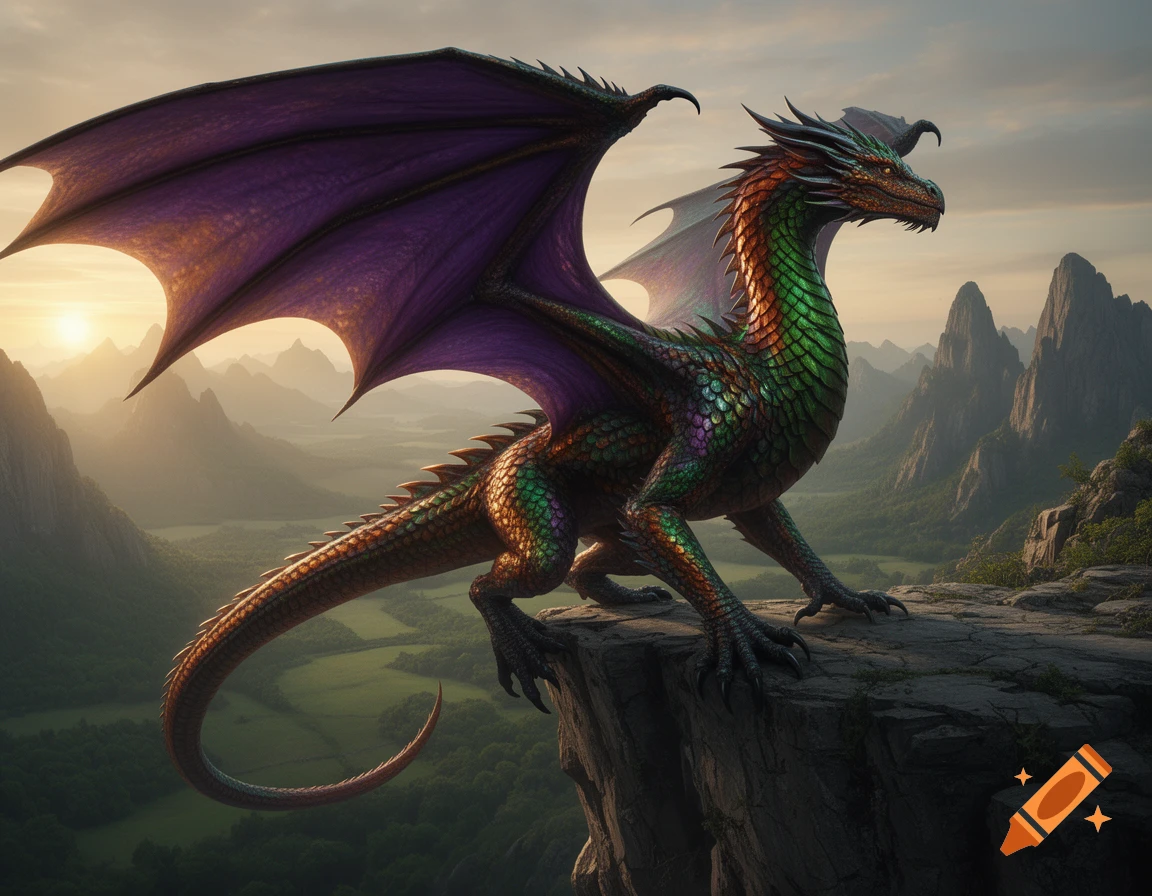 A vibrant, iridescent dragon with green, orange, and purple scales and large purple wings, perched on a rocky cliff overlooking a lush mountain valley at sunset.