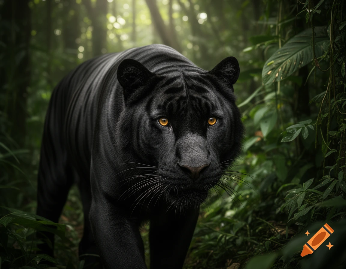 A photorealistic black tiger with glowing amber eyes walks through a lush, sunlit jungle, looking intently at the viewer.