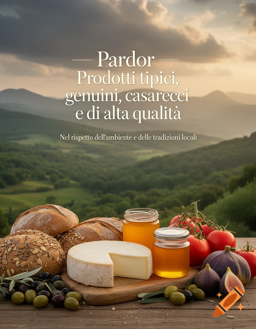 A rustic display of cheese, bread, honey, olives, tomatoes, and figs on a wooden table with a blurred mountain landscape backdrop and Italian text overlay.