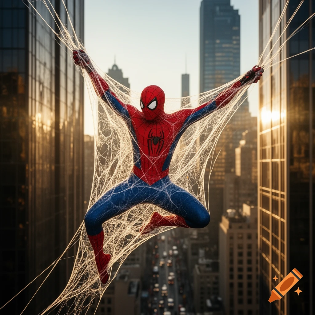 Photorealistic Spider-Man in his red and blue suit suspended in a dense white spiderweb high above a bustling city street at sunset, surrounded by skyscrapers.