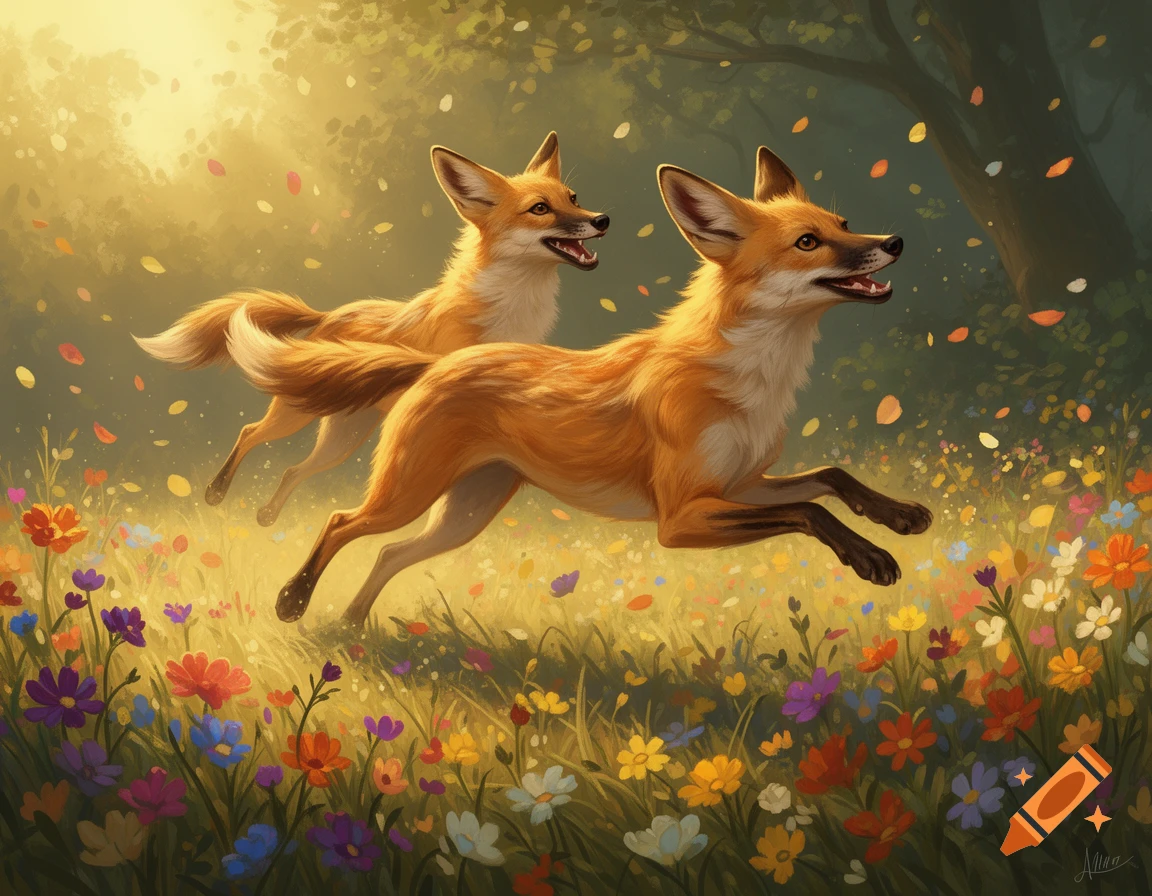 Two red foxes run through a vibrant field of colorful wildflowers under a sun-dappled forest canopy in a painterly illustration.