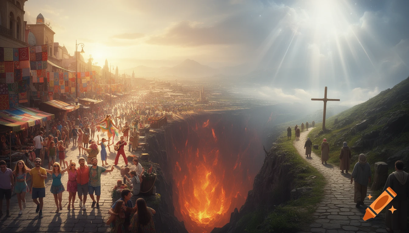 A divided landscape showing two paths: a lively, crowded path leading to a fiery abyss on the left, and a narrow, solitary path with a cross leading to a bright, heavenly light on the right.