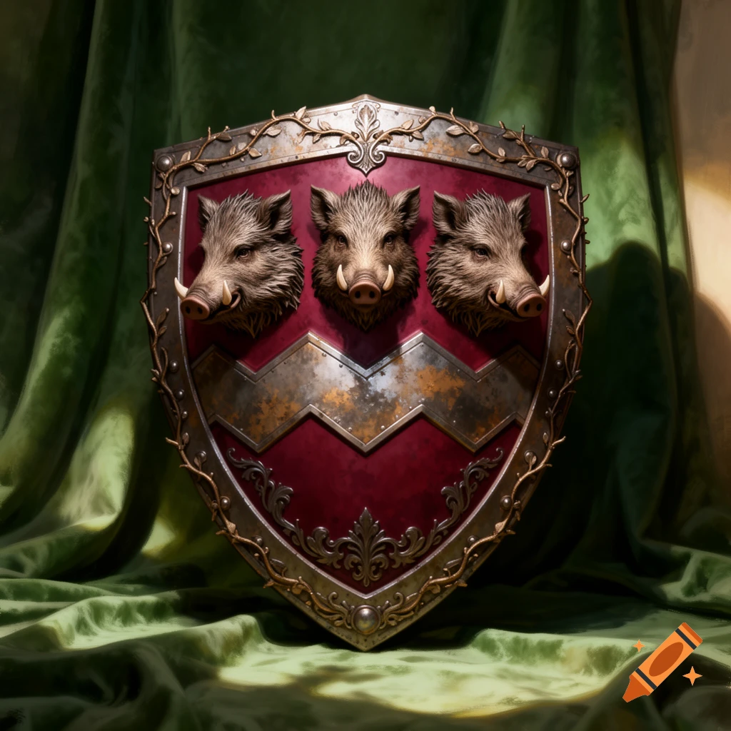 Ornate medieval shield with three sculpted boar heads, vine border, dark red background, on green velvet.