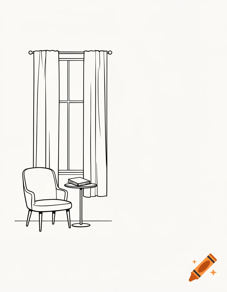 Minimalist black-and-white line art depicts an empty armchair by a tall window with curtains, beside a small table holding a book.