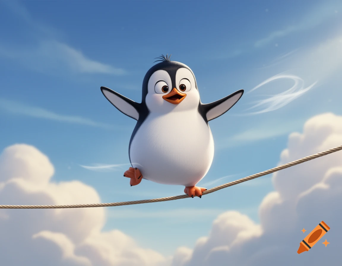 A plump, cute cartoon penguin with wide eyes balances carefully on a thin rope against a bright blue sky with fluffy white clouds, arms outstretched.