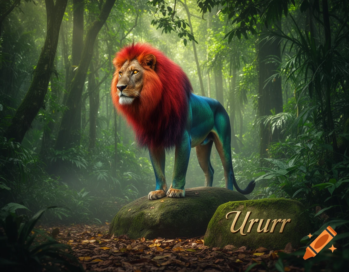 A colorful red-maned and teal-bodied lion stands on a mossy rock in a lush jungle, with 'Ururr' on another rock.